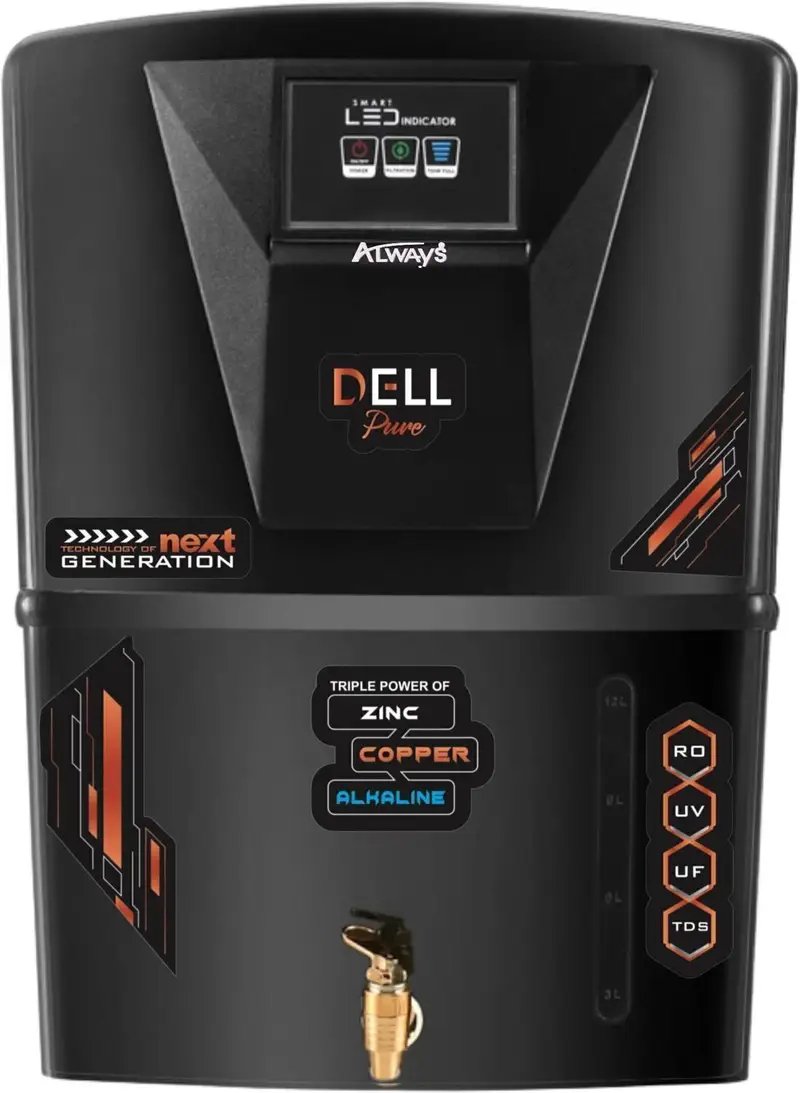 Always  Always Dellpure Zinc Copper 9 Stage Purification Water purifier With LED INDICATOR 12 L RO + UV + UF + TDS + ALK + Copper Water Purifier (Black)
